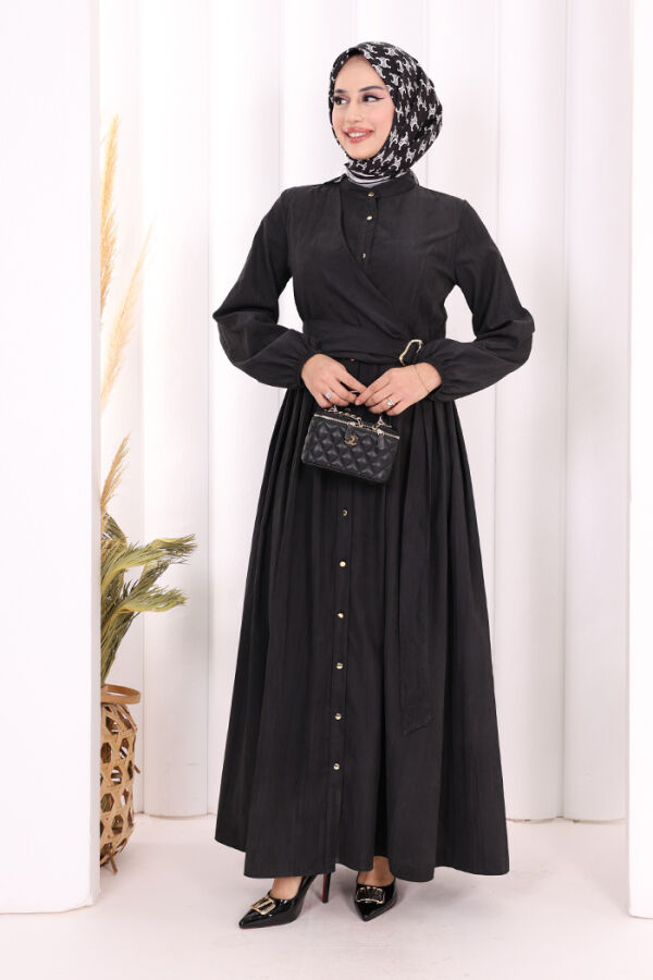 Broş Detaylı Boydan Düğmeli Elbise 7059 Siyah - 1