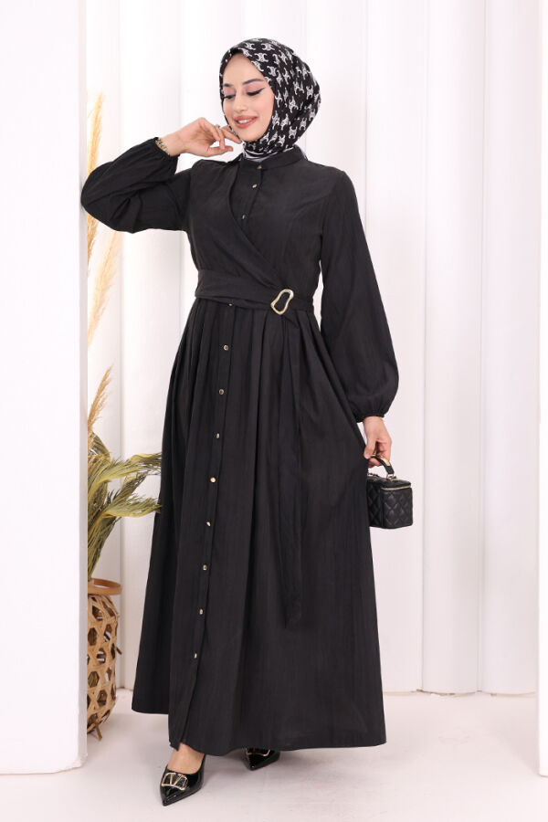 Broş Detaylı Boydan Düğmeli Elbise 7059 Siyah - 2
