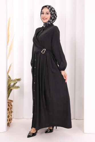 Broş Detaylı Boydan Düğmeli Elbise 7059 Siyah - 3