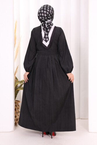 Broş Detaylı Boydan Düğmeli Elbise 7059 Siyah - 4