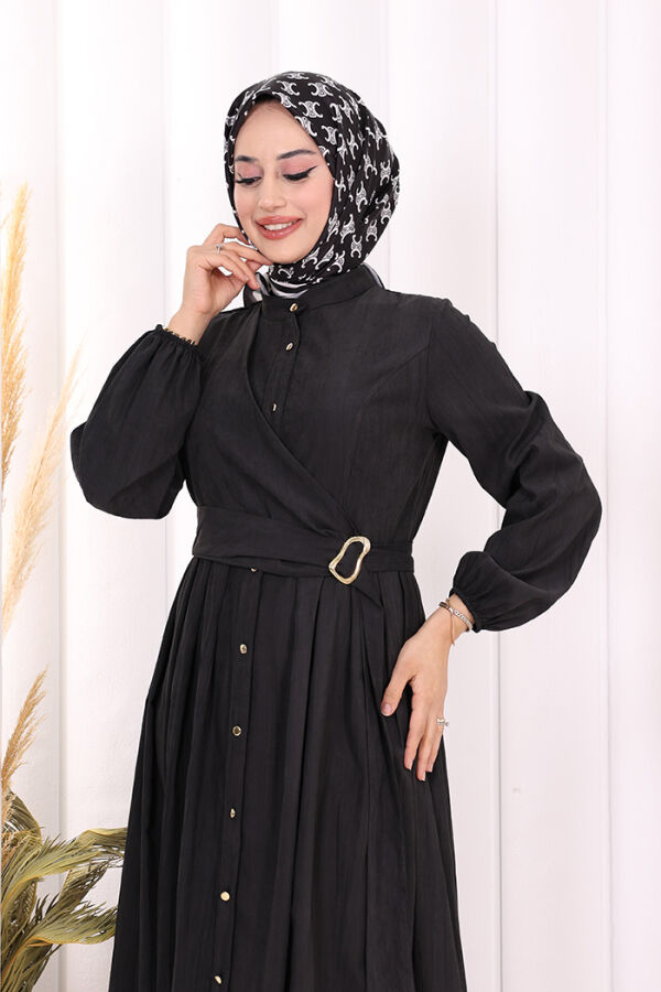 Broş Detaylı Boydan Düğmeli Elbise 7059 Siyah - 5