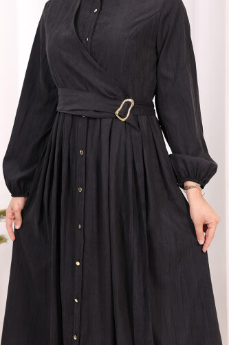 Broş Detaylı Boydan Düğmeli Elbise 7059 Siyah - 6