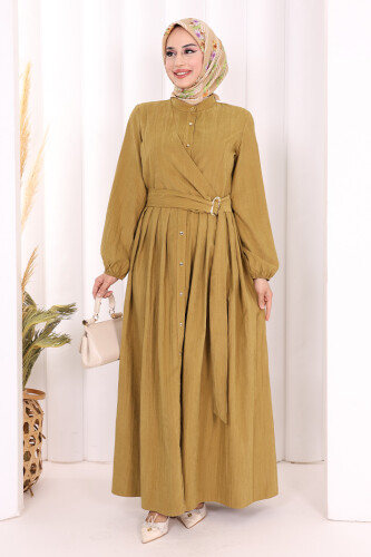 Broş Detaylı Boydan Düğmeli Elbise 7059 Yağ Yeşili