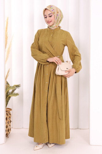 Broş Detaylı Boydan Düğmeli Elbise 7059 Yağ Yeşili - 2