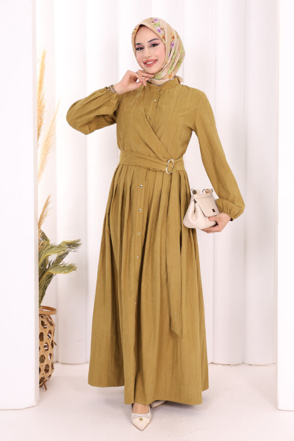 Broş Detaylı Boydan Düğmeli Elbise 7059 Yağ Yeşili - 3