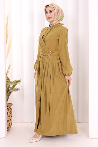 Broş Detaylı Boydan Düğmeli Elbise 7059 Yağ Yeşili - 4
