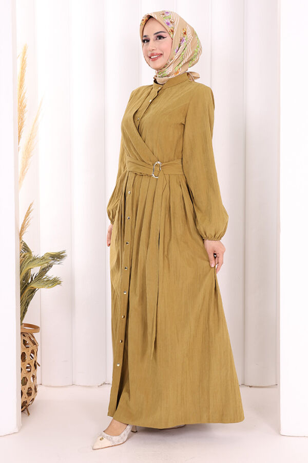 Broş Detaylı Boydan Düğmeli Elbise 7059 Yağ Yeşili - 4