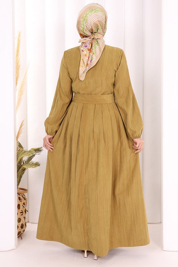 Broş Detaylı Boydan Düğmeli Elbise 7059 Yağ Yeşili - 5