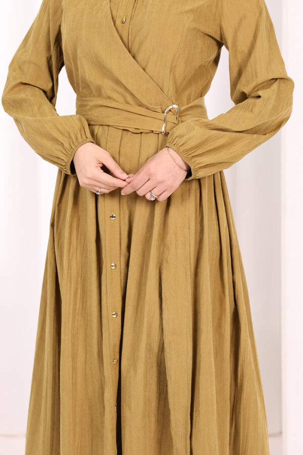 Broş Detaylı Boydan Düğmeli Elbise 7059 Yağ Yeşili - 7