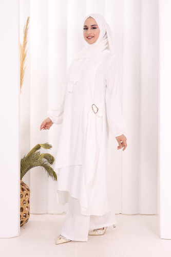 Broş Detaylı Pantolon Takım 8011 Ekru - 3