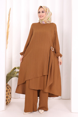 Broş Detaylı Pantolon Takım 8011 Kahverengi 