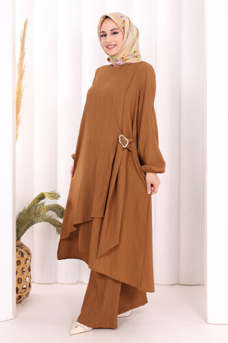 Broş Detaylı Pantolon Takım 8011 Kahverengi - 3
