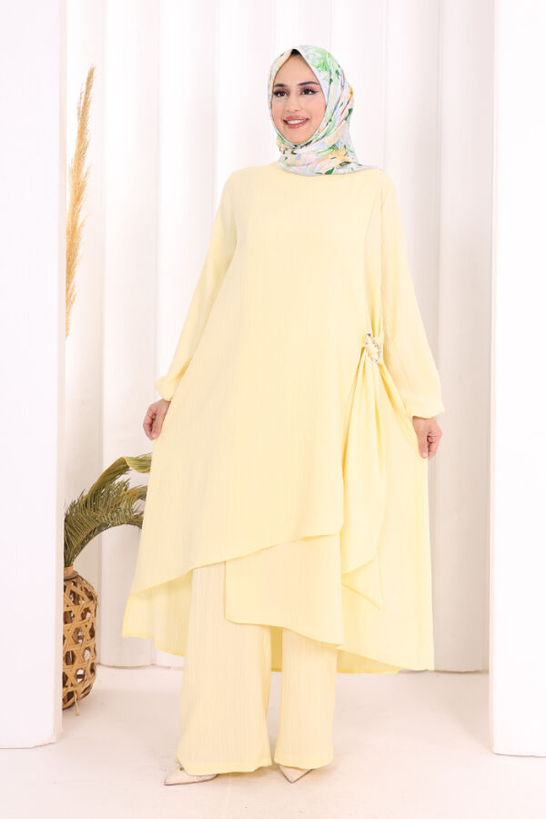 Broş Detaylı Pantolon Takım 8011 Sarı - 1