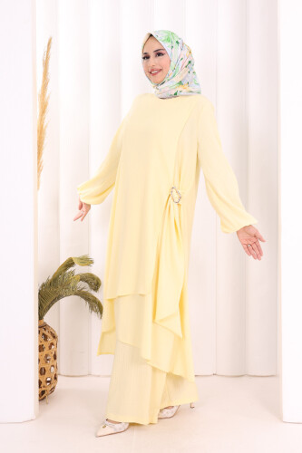 Broş Detaylı Pantolon Takım 8011 Sarı - 3