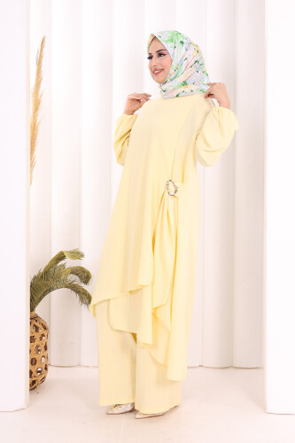 Broş Detaylı Pantolon Takım 8011 Sarı - 4