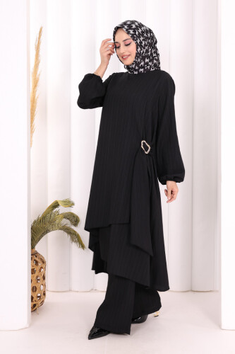 Broş Detaylı Pantolon Takım 8011 Siyah - 4