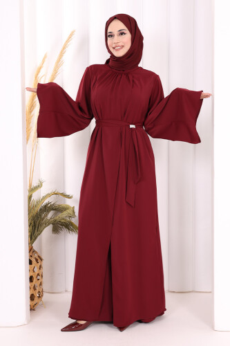 Broş Detaylı Tulum Abaya ve Takım 8016 Bordo 