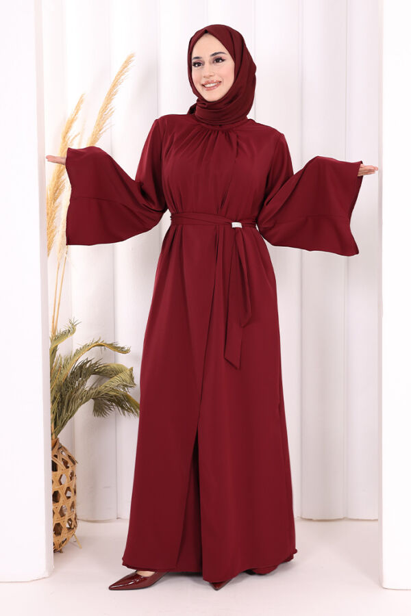 Broş Detaylı Tulum Abaya ve Takım 8016 Bordo - 1