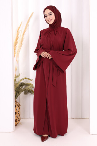 Broş Detaylı Tulum Abaya ve Takım 8016 Bordo - 2
