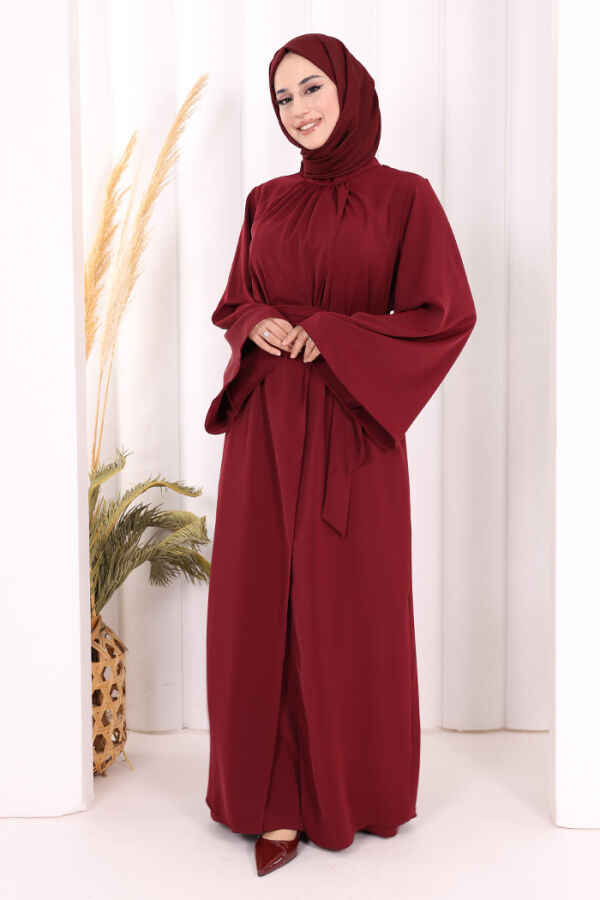 Broş Detaylı Tulum Abaya ve Takım 8016 Bordo - 2