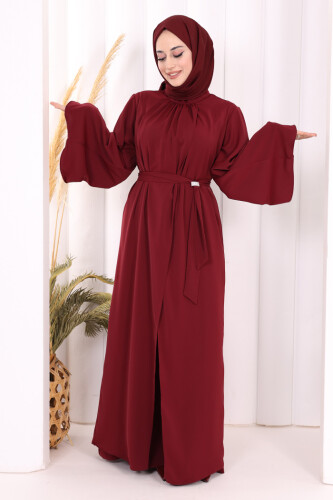 Broş Detaylı Tulum Abaya ve Takım 8016 Bordo - 3