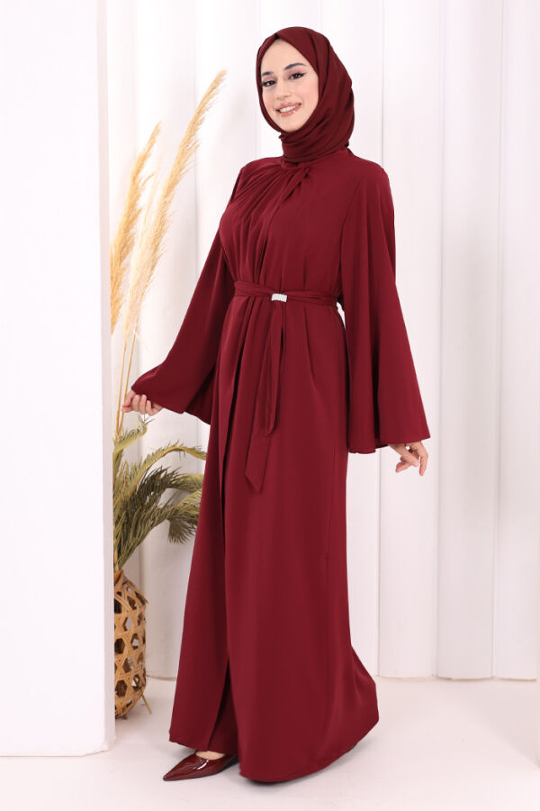 Broş Detaylı Tulum Abaya ve Takım 8016 Bordo - 4