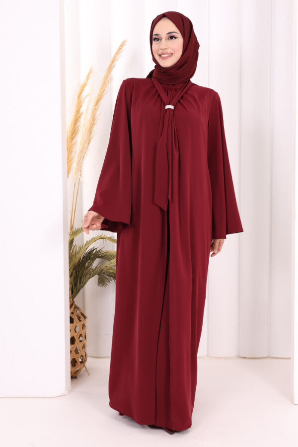 Broş Detaylı Tulum Abaya ve Takım 8016 Bordo - 5