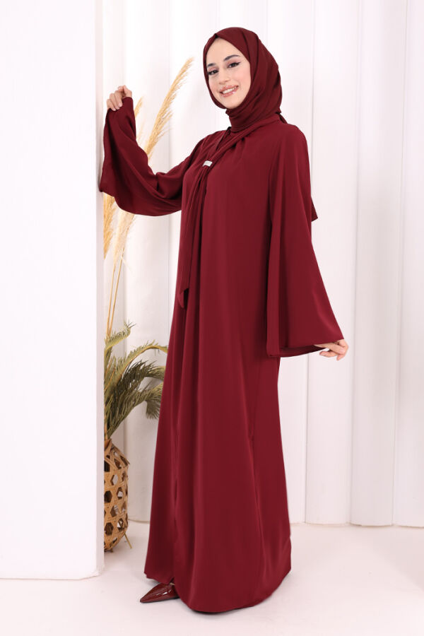 Broş Detaylı Tulum Abaya ve Takım 8016 Bordo - 6