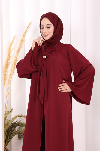 Broş Detaylı Tulum Abaya ve Takım 8016 Bordo - 7