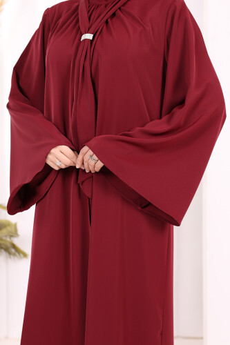Broş Detaylı Tulum Abaya ve Takım 8016 Bordo - 8