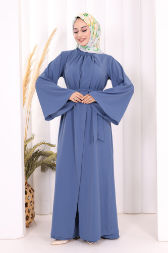 Broş Detaylı Tulum Abaya ve Takım 8016 İndigo - 2