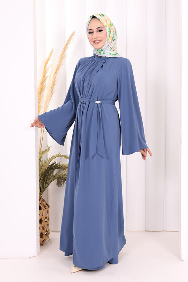 Broş Detaylı Tulum Abaya ve Takım 8016 İndigo - 3