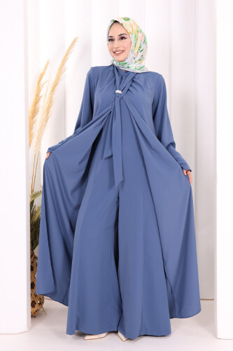 Broş Detaylı Tulum Abaya ve Takım 8016 İndigo 
