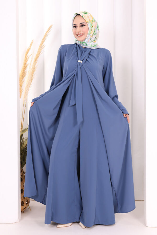 Broş Detaylı Tulum Abaya ve Takım 8016 İndigo - 1