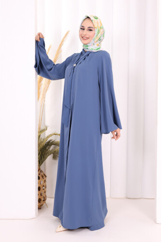 Broş Detaylı Tulum Abaya ve Takım 8016 İndigo - 5