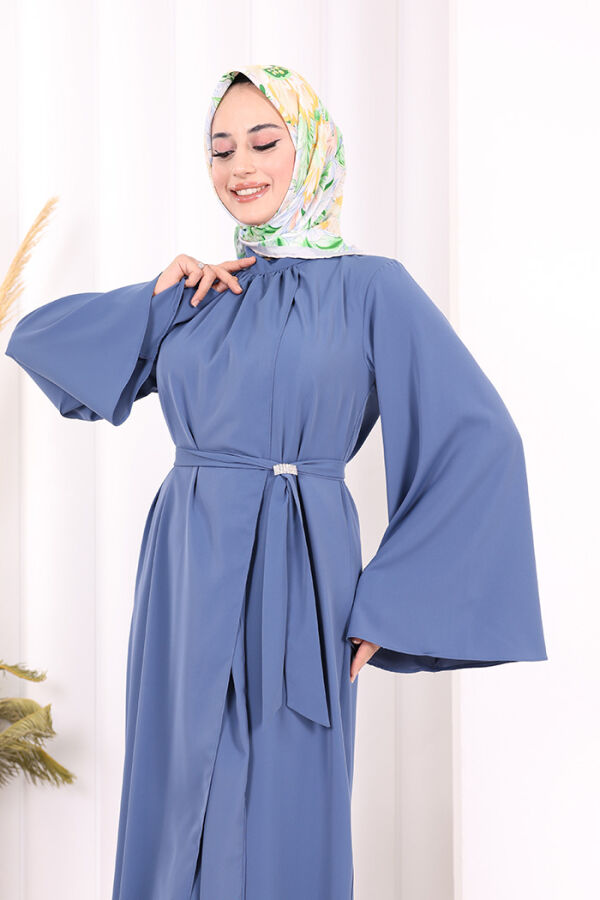Broş Detaylı Tulum Abaya ve Takım 8016 İndigo - 7