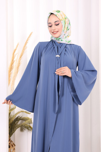 Broş Detaylı Tulum Abaya ve Takım 8016 İndigo - 8