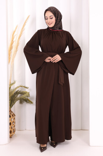 Broş Detaylı Tulum Abaya ve Takım 8016 Kahverengi 