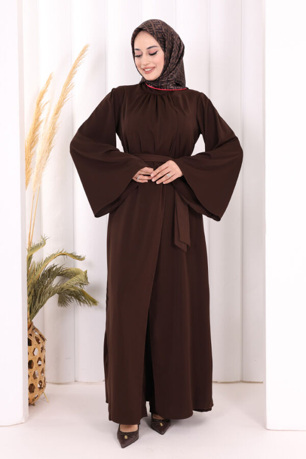 Broş Detaylı Tulum Abaya ve Takım 8016 Kahverengi - 1