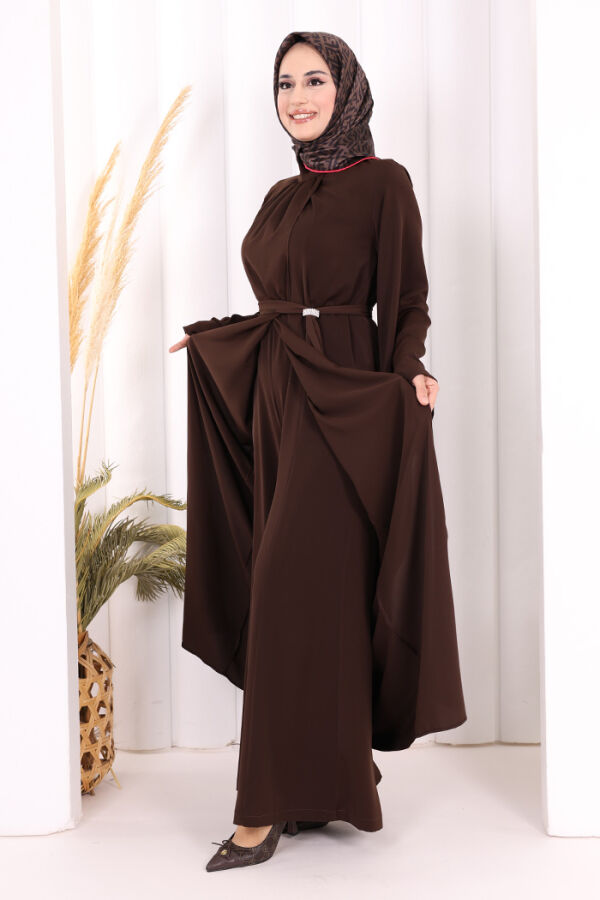 Broş Detaylı Tulum Abaya ve Takım 8016 Kahverengi - 2