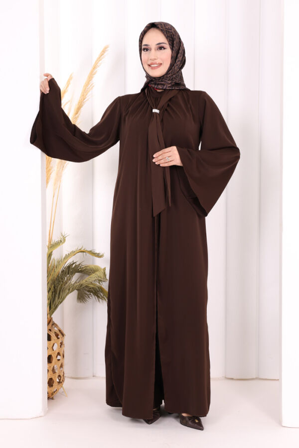Broş Detaylı Tulum Abaya ve Takım 8016 Kahverengi - 3