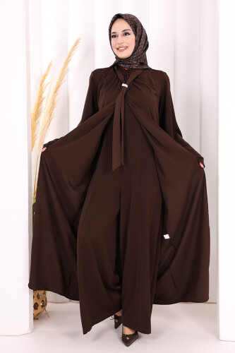 Broş Detaylı Tulum Abaya ve Takım 8016 Kahverengi - 4