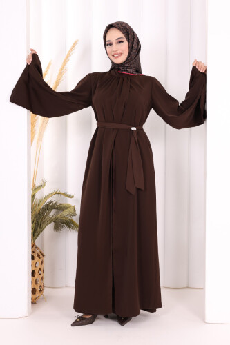 Broş Detaylı Tulum Abaya ve Takım 8016 Kahverengi - 5