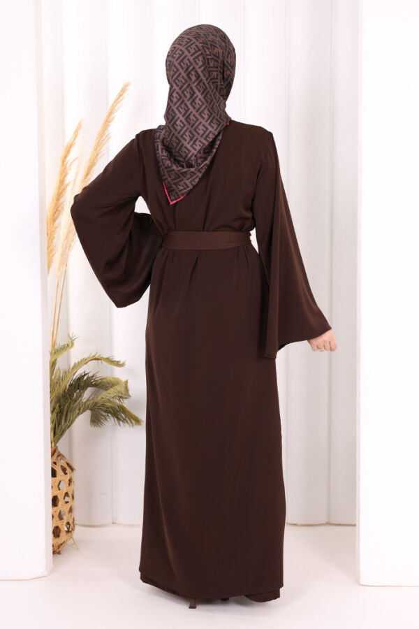 Broş Detaylı Tulum Abaya ve Takım 8016 Kahverengi - 6