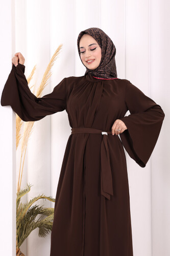 Broş Detaylı Tulum Abaya ve Takım 8016 Kahverengi - 7