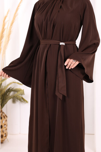 Broş Detaylı Tulum Abaya ve Takım 8016 Kahverengi - 8