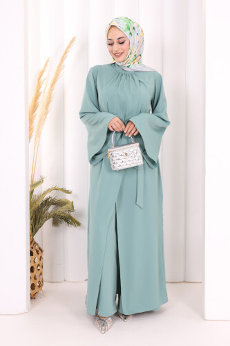 Broş Detaylı Tulum Abaya ve Takım 8016 Mint 