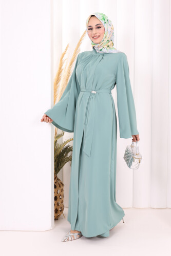 Broş Detaylı Tulum Abaya ve Takım 8016 Mint - 3