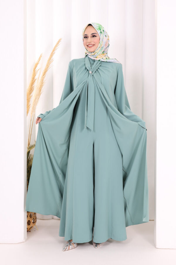 Broş Detaylı Tulum Abaya ve Takım 8016 Mint - 4