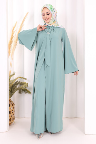 Broş Detaylı Tulum Abaya ve Takım 8016 Mint - 5